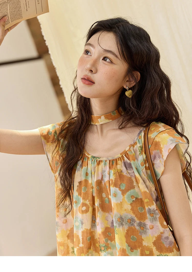 MISHOW 100 Cotton Citrus Oil Painting Printed blouse for Women 2025 Summer Vacation Korean Flying Sleeve Casual Top MXE36X1872