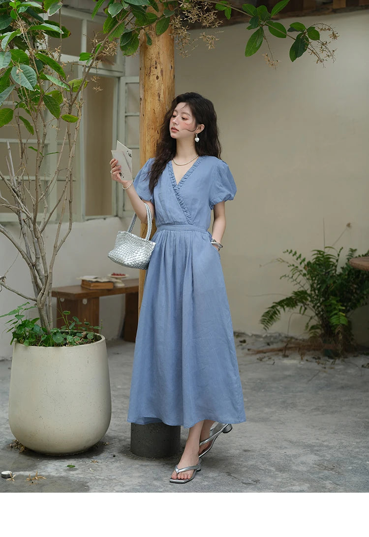 MISHOW Summer Fashion V-neck Dress Woman 2025 New Puff Sleeve Sashes Elegant Pocket Vacation Dresses Ladies Clothing MXE39L2381