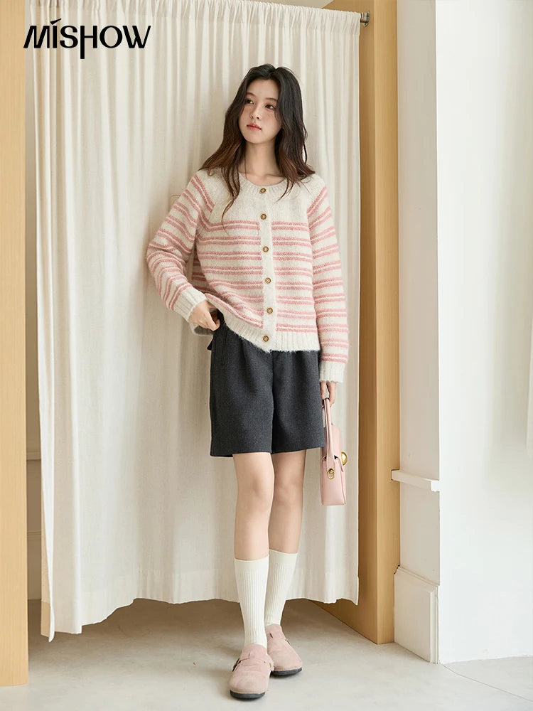 MISHOW Women's Pink Striped Cardigan 2025 Autumn Winter French Style Round Neck Wool Blended Sweater Loose Casual Top MXE49Z2615