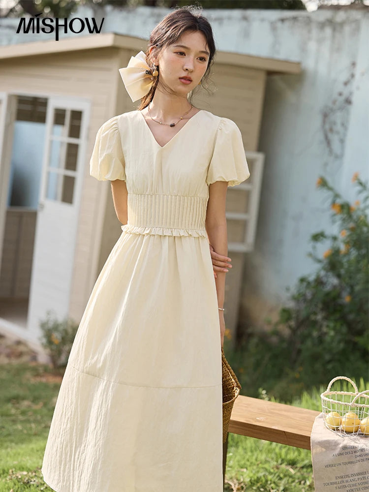 MISHOW French Summer Dresses Women 2025 New Short Puff Sleeve V-neck Solid Cotton Blended Dress Female Slimming MXE34L2288