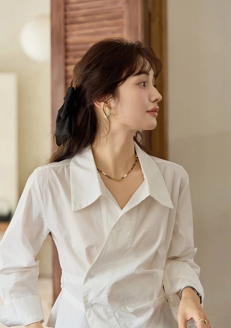 MISHOW French Side Placket Asymmetric Shirt Autumn 2025 Pleated Waist Lapel Shirts Long Sleeve Loose Commuter Tops MXD45C0357