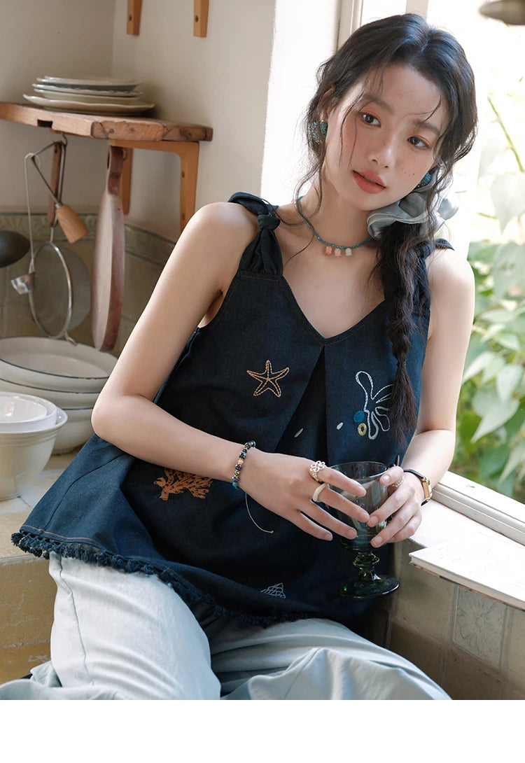 MISHOW Women's Fashion Strap Vest Summer 2025 Embroidery Lace Sleeveless Lady Camis Casual Vacation Tassel Denim Top MXE37X1860