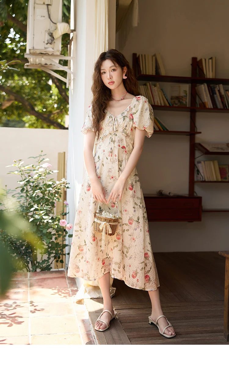 MISHOW Elegant Fairycore Floral Dresses for Women 2023 Summer French A-line Ruffles V-neck Puff Sleeve Sweet Dress MXC33L1465