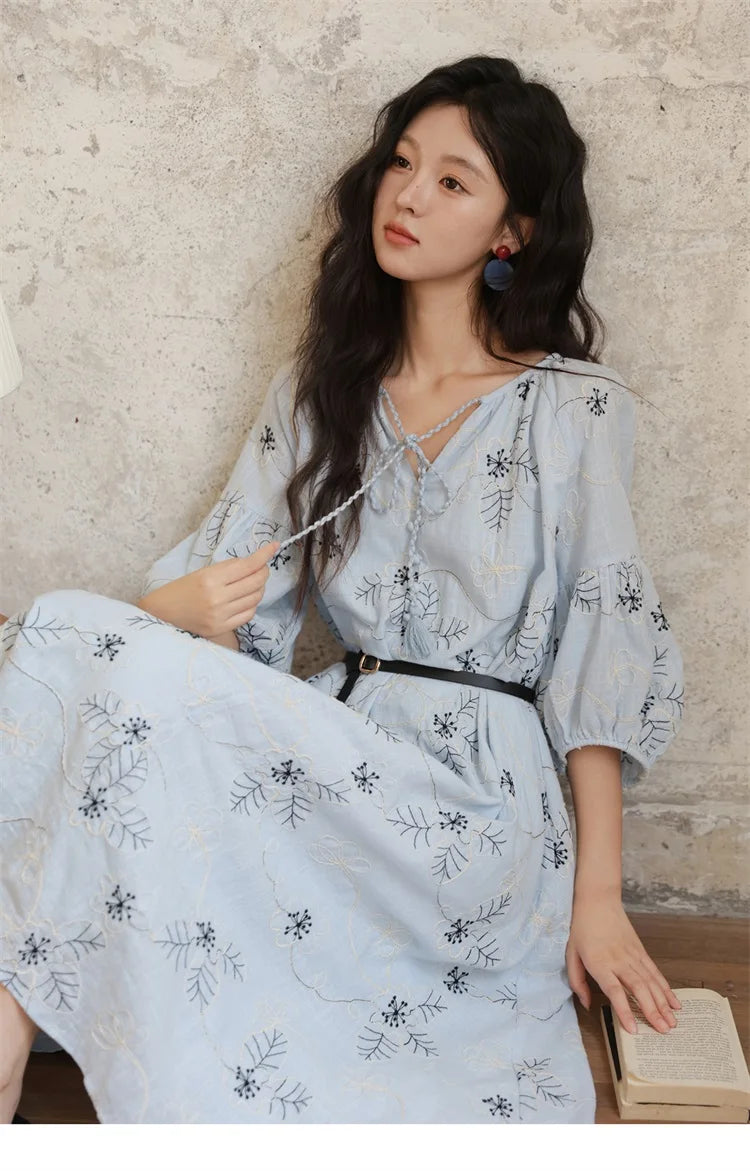 MISHOW Blue Flower Embroidered Dress 2025 Autumn Seven Cent Lantern Sleeve Tassel Tie Rope V-neck Dresses with Belt MXE42L2493