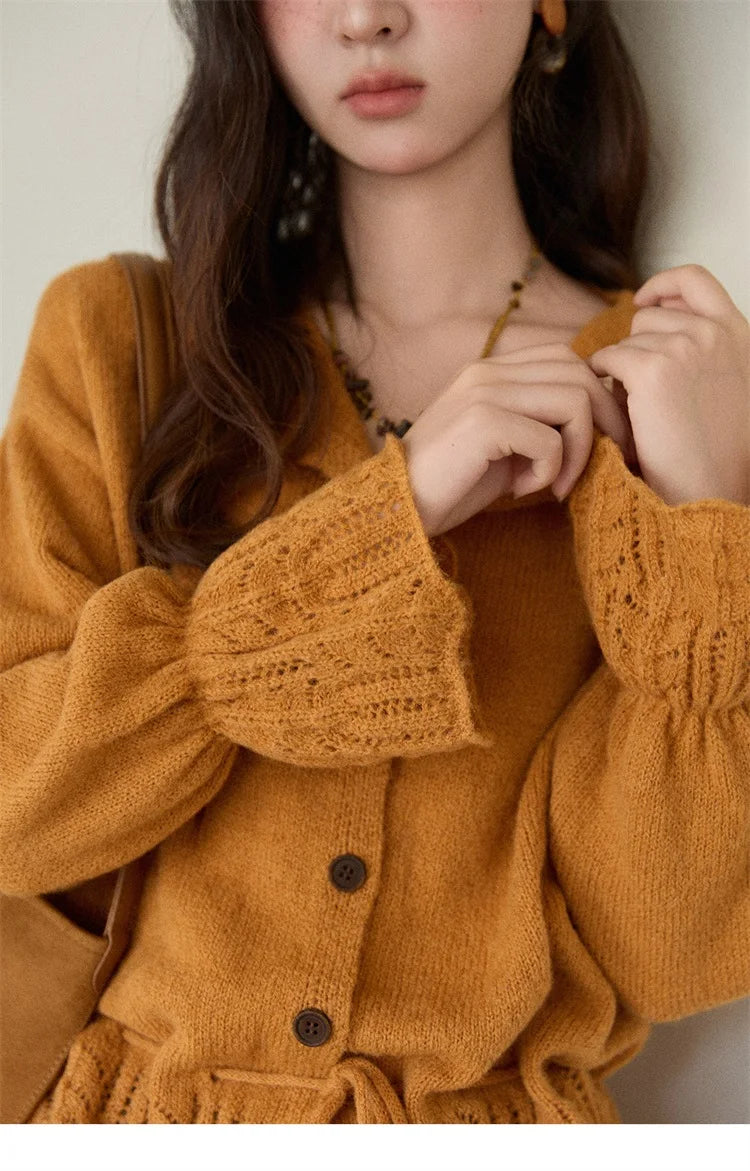 MISHOW Orange Cardigan Women 2025 Winter Retro Openwork Crochet Pattern Knit Top Loose Warm Flared Sleeves Sweater MXE87Z2685