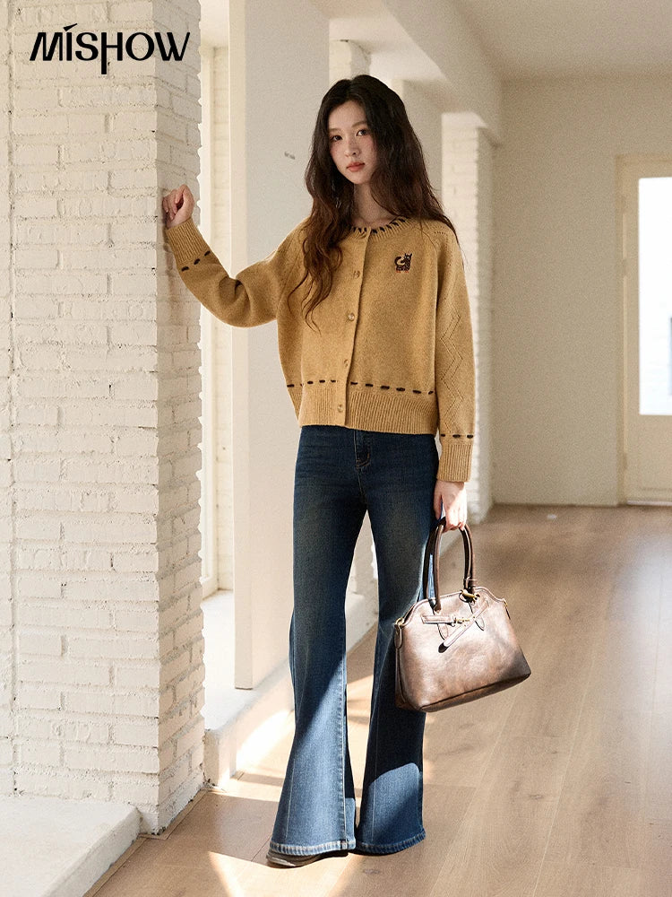 MISHOW Winter Knit Women's Cardigan 2025 New Little Fox Embroidered Sweater Retro Orange Loose Long-sleeved Tops MXE88Z2598