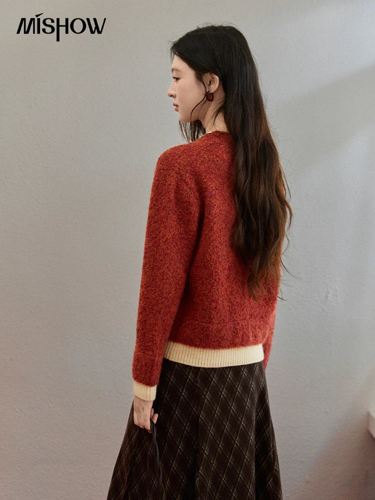 MISHOW Christmas Women’s Knitwear Cardigan Winter 2025 Faux Fur Tops V-neck Warm Sweater Fake Two Contrasting Sweater MXE91Z2777