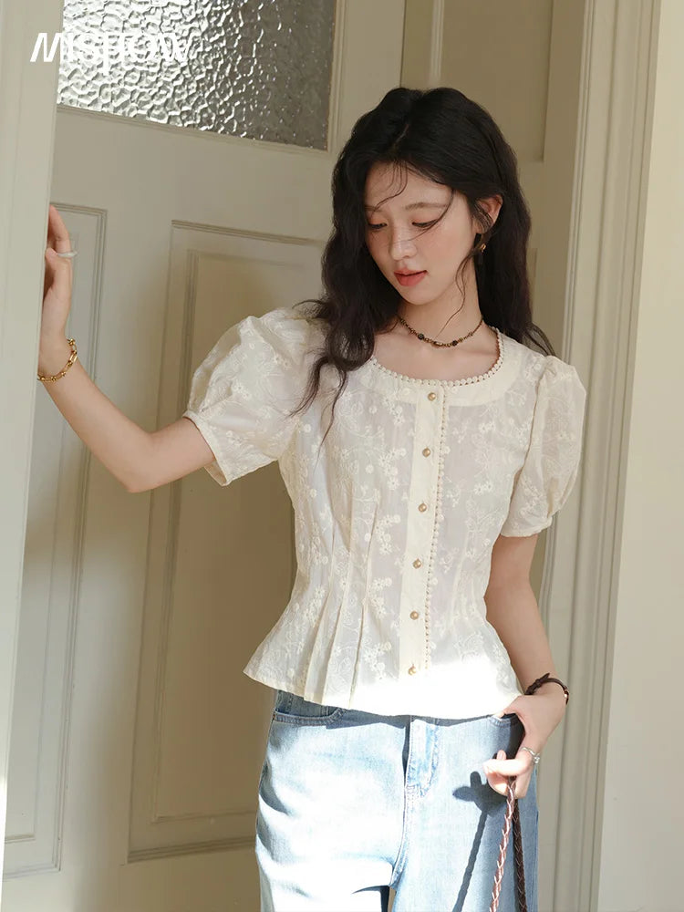 MISHOW Embroidery Cotton Shirt for Women 2025 Summer Fashion French Style Puff Sleeve Button Shirt Women's Clothing MXE39X1979