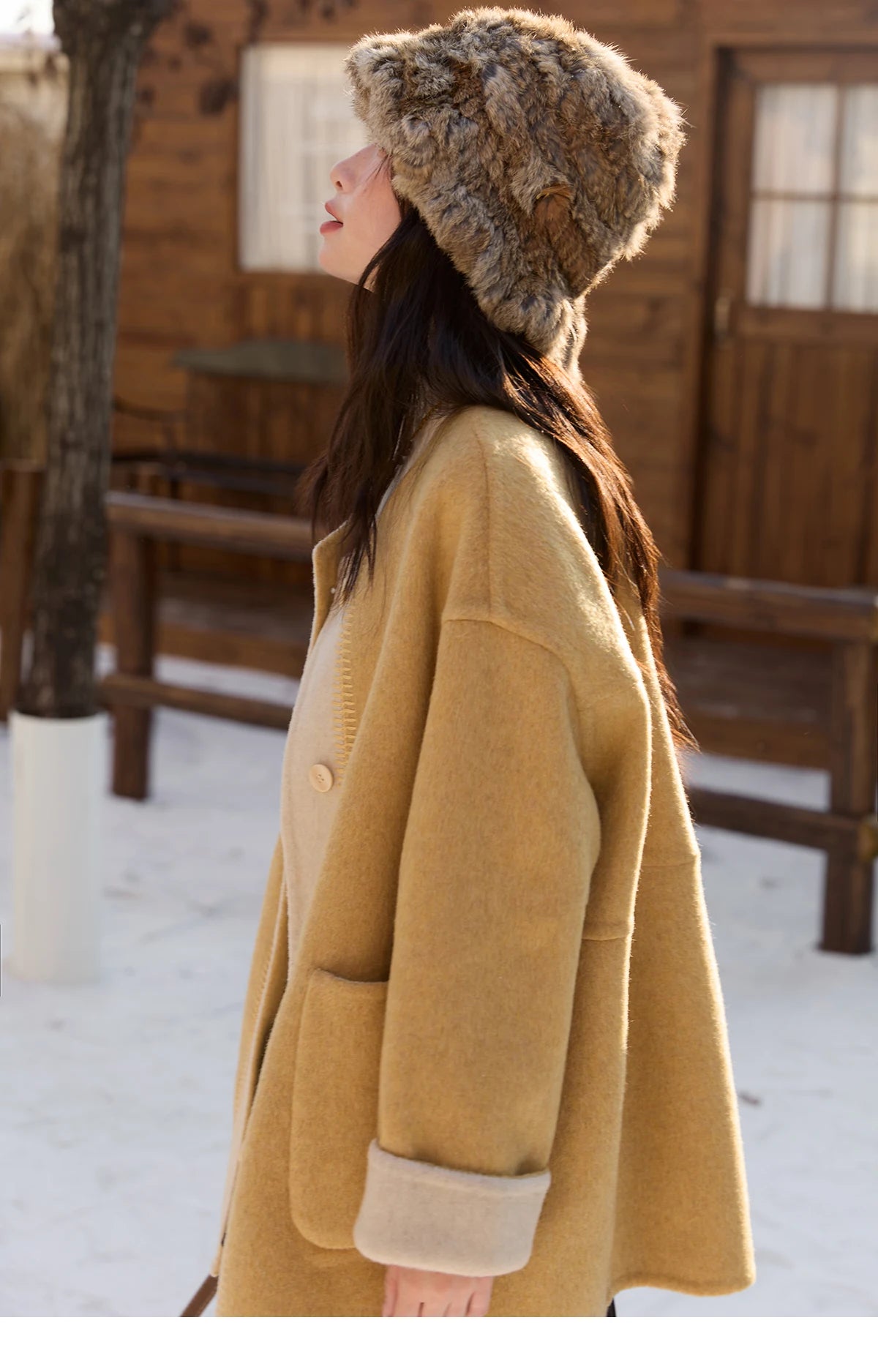 MISHOW Yellow Double-faced Wool Coat for Women 2025 Winter New Retro Contrast Color Slim Crew Neck Pockets Wool Coat MXE51W0915