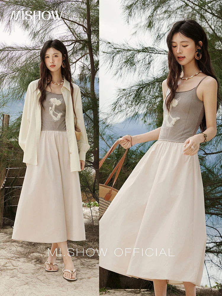 MISHOW Summer New Camisole Long Dresses Women 2025 Sleeveless Color Matching French Knit Dress Lady Fashion A-line MXE13L2082