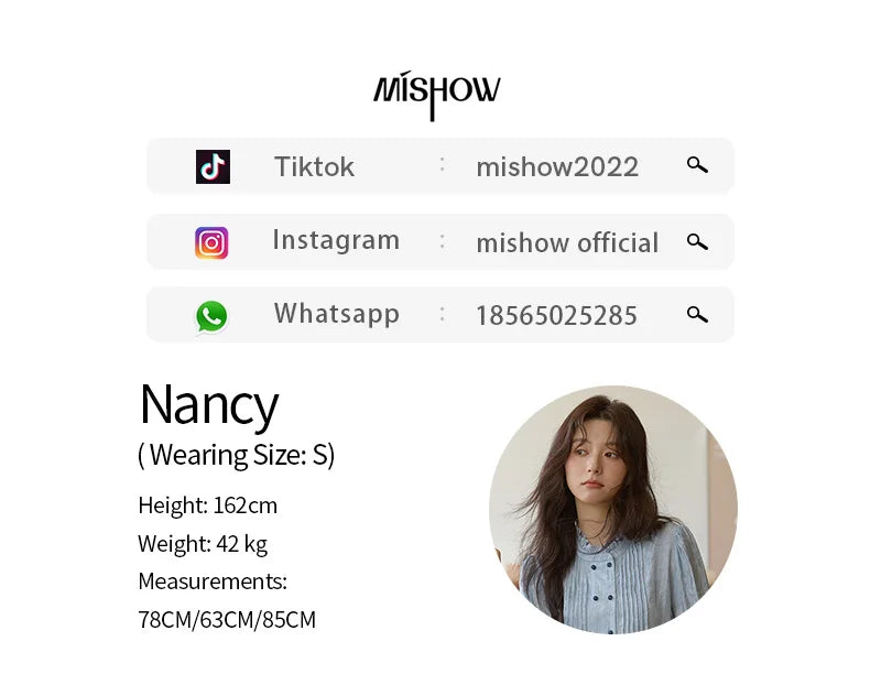 MISHOW Women's Shirt 2025 Autumn Blue Polka Dot Chiffon Loose Shirt Stand Collar Double Row Buckle Lantern Sleeve Top MXE41X1926