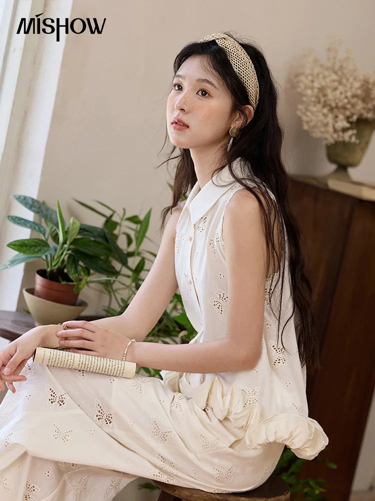 MISHOW 100 Cotton Butterfly Hollow Lace Lapel Shirt for Women Single Breasted Elegant Breathable Shirts with Tube Top MXE34X1808