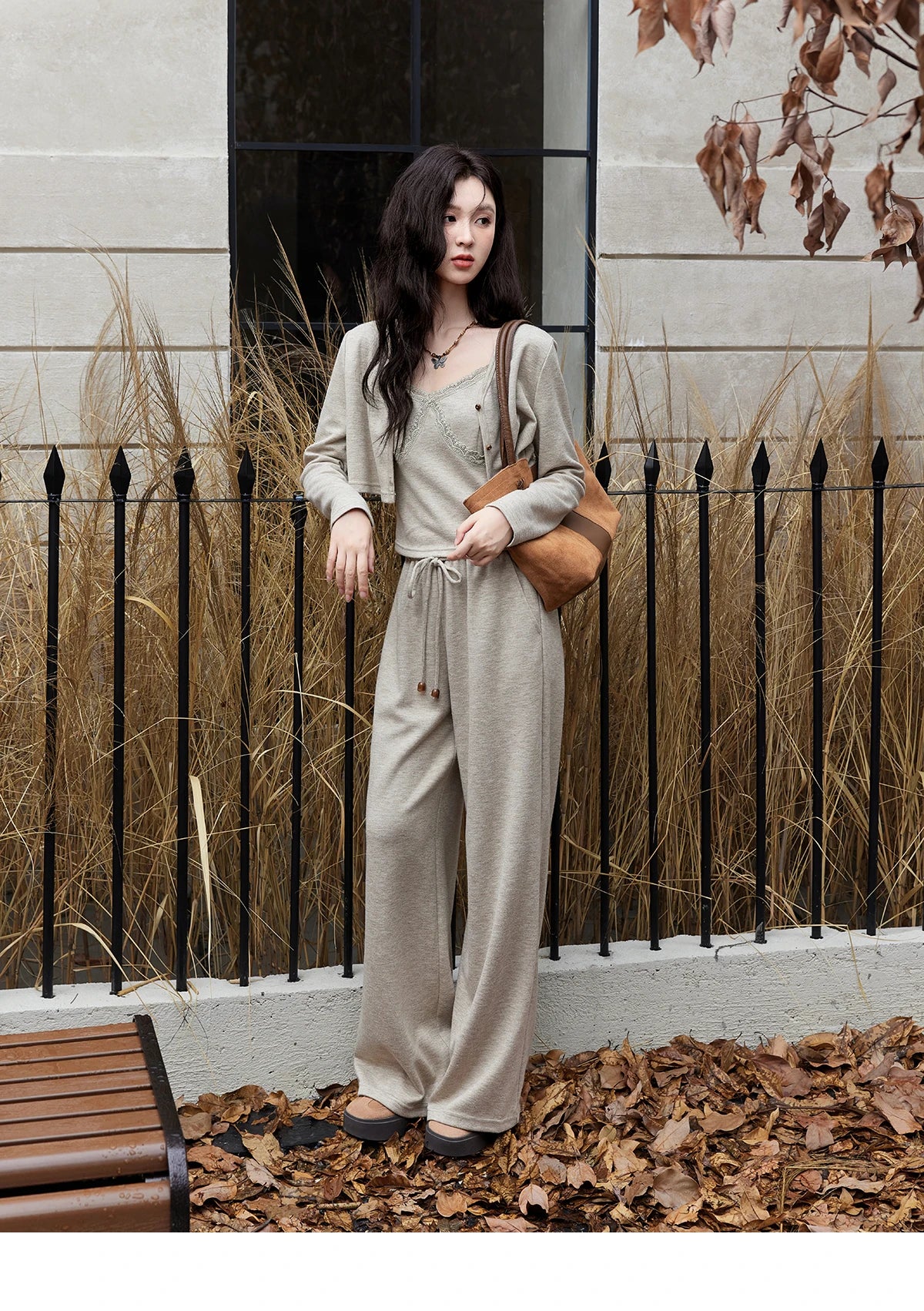 MISHOW French Women Lace Splicing Camisole Cardigan Straight Pants Separately Solid Top Elastic Waisted Pants MXD47T0405