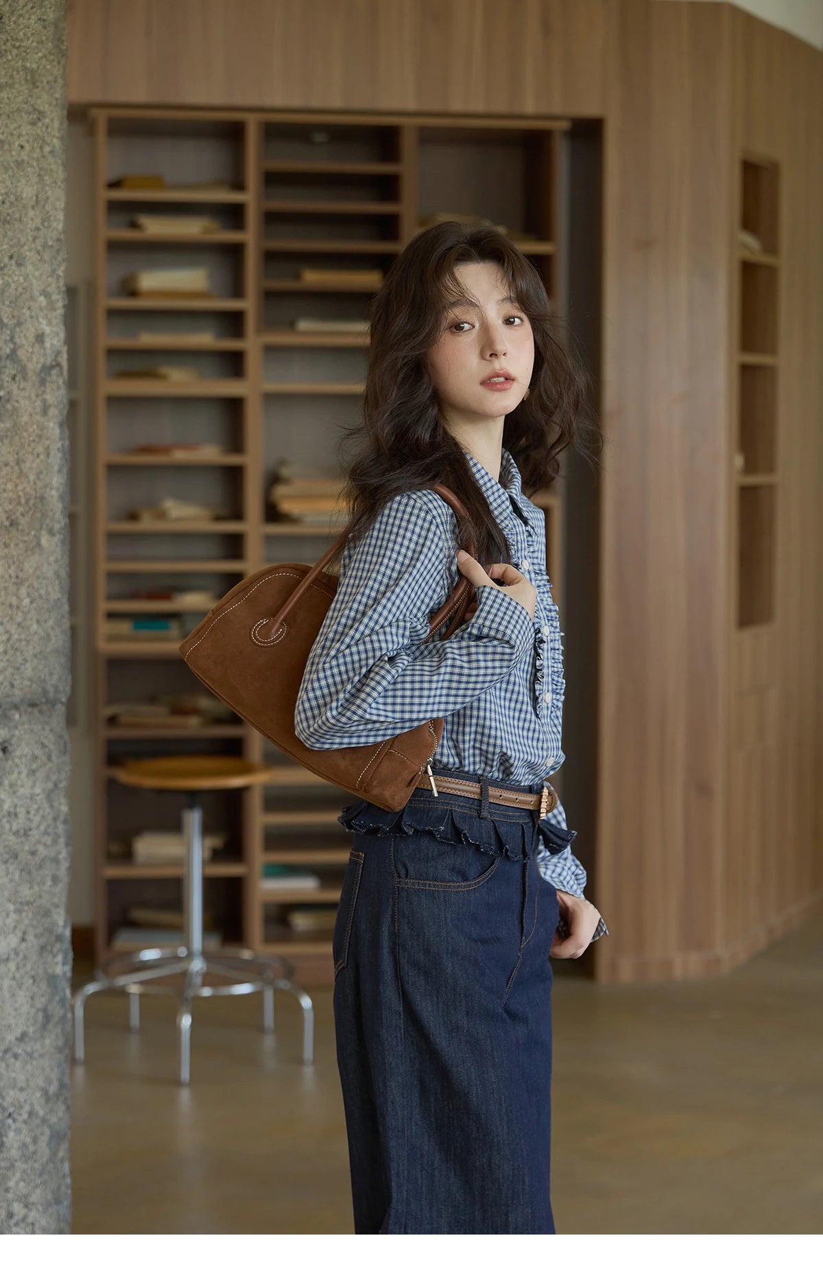 MISHOW Autumn Blue Plaid 100 Cotton Shirts 2025 Doll Collar Dropped Shoulder Sleeves Casual Top Retro Commuter Shirt MXE44C2391