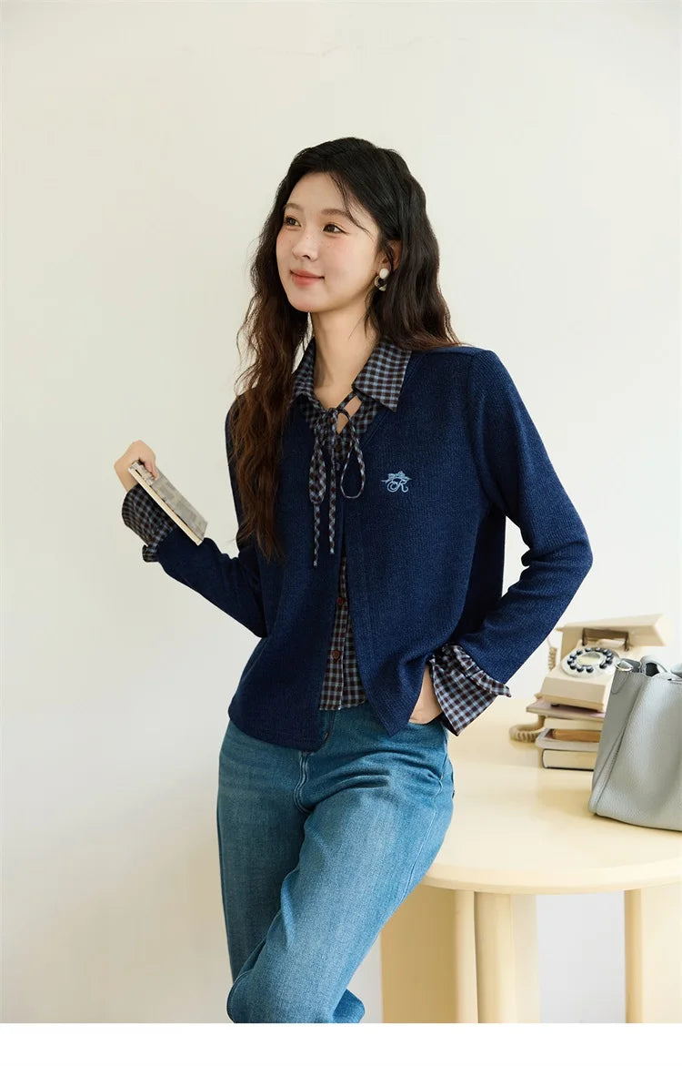 MISHOW Women's Fake Two Knitted Sweaters 2025 Autumn Plaid Splicing Embroidered Tops Retro Lapel Flare Sleeve Tops MXE45Z1401