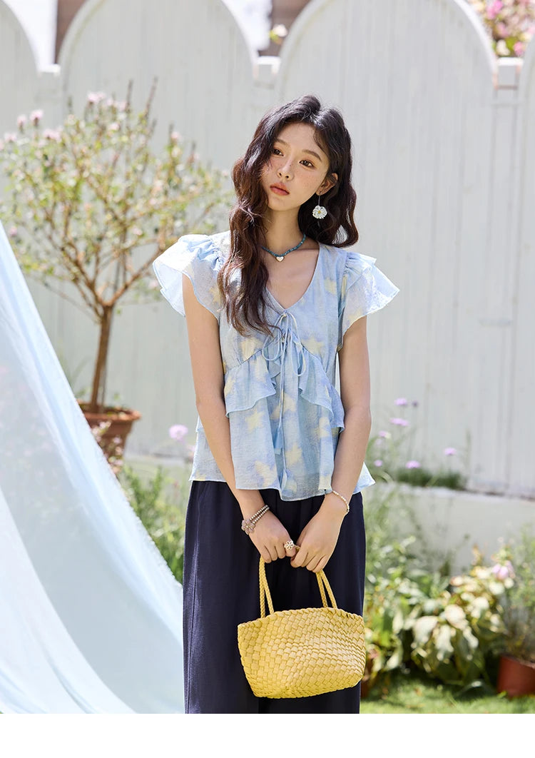 MISHOW Blue Double-layer Ruffled Linen V-neck Blouse for Women Summer 2025 Slim Flying Sleeve Breathable Lace-up Tops MXE33X1819