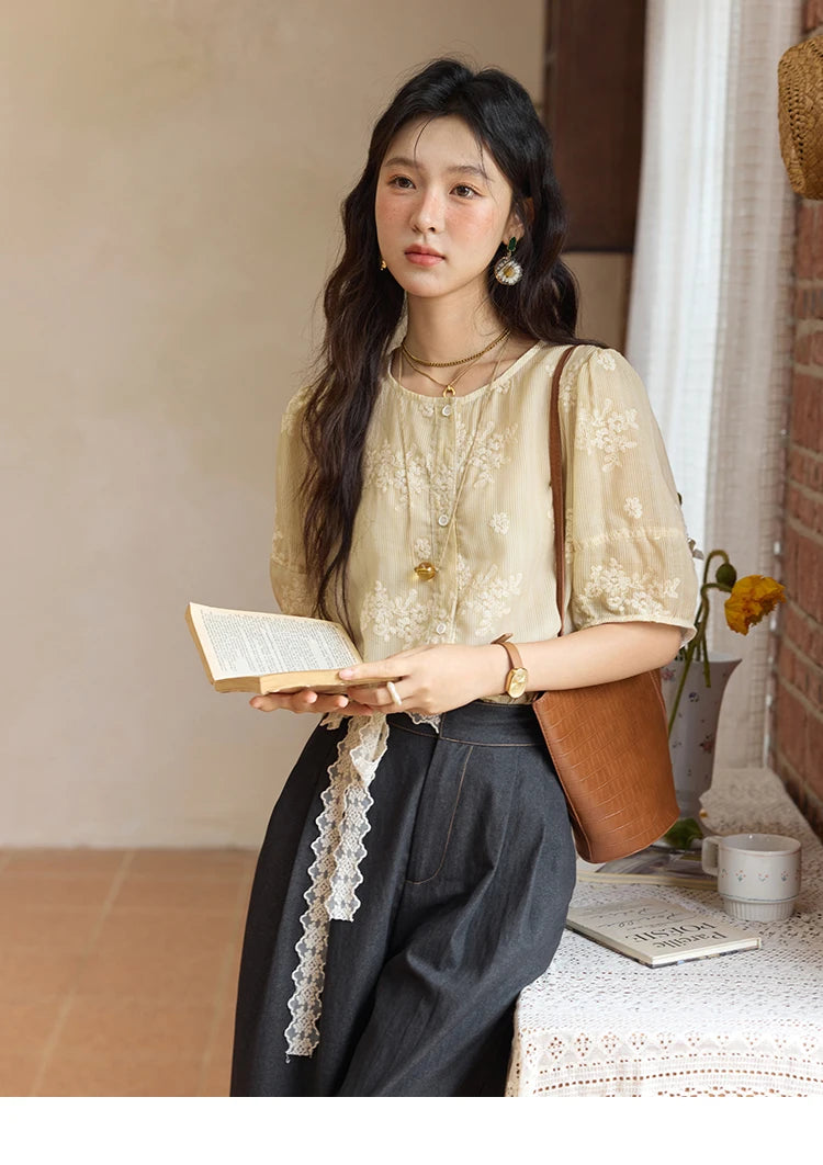 MISHOW French Retro Embroidered Floral Blouse for Women Summer 2025 Round Neck Single Breasted Top Puff Sleeve Blouse MXE36X1874