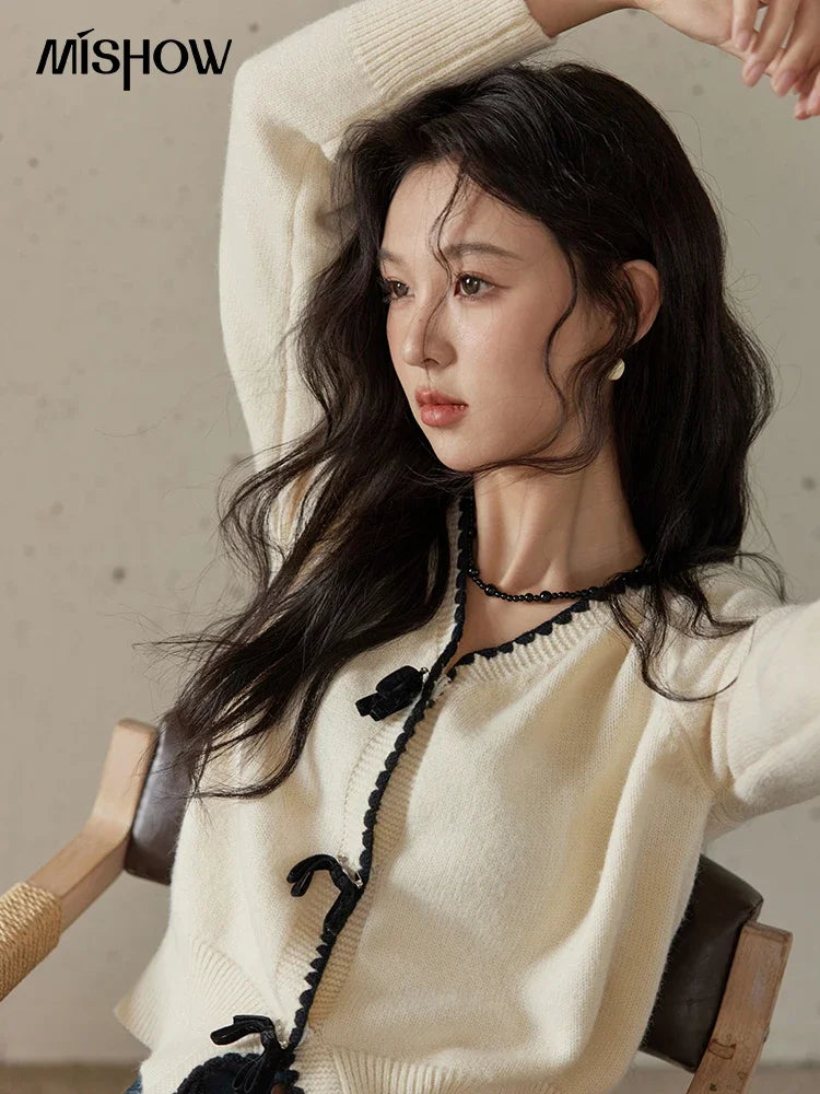 MISHOW Simple Knitted Cardigan Women V-Neck Single Breasted Bow Sweater Jacket Elegant French Long Sleeve Knitted Top MXD34Z0938