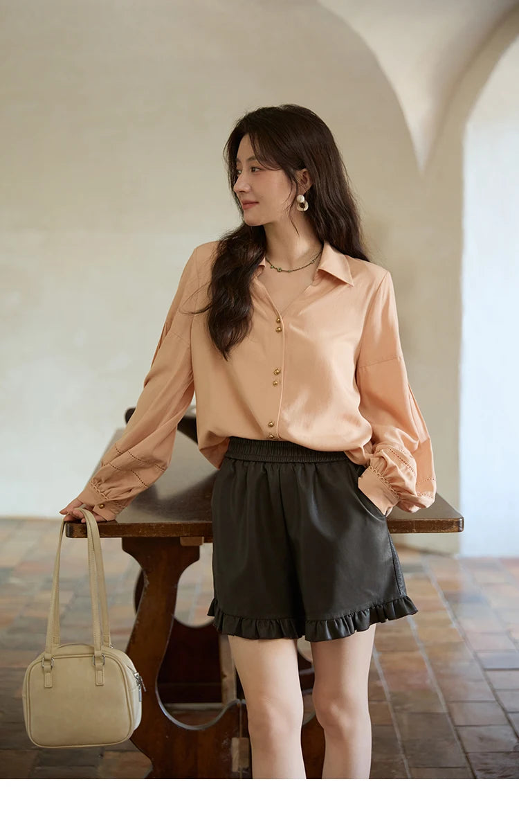 MISHOW Women's Shirt Lantern Sleeve Hollow Out Tops 2025 Autumn Single Breasted Solid Shirts Lapel Shirt Office Lady MXE41C2359