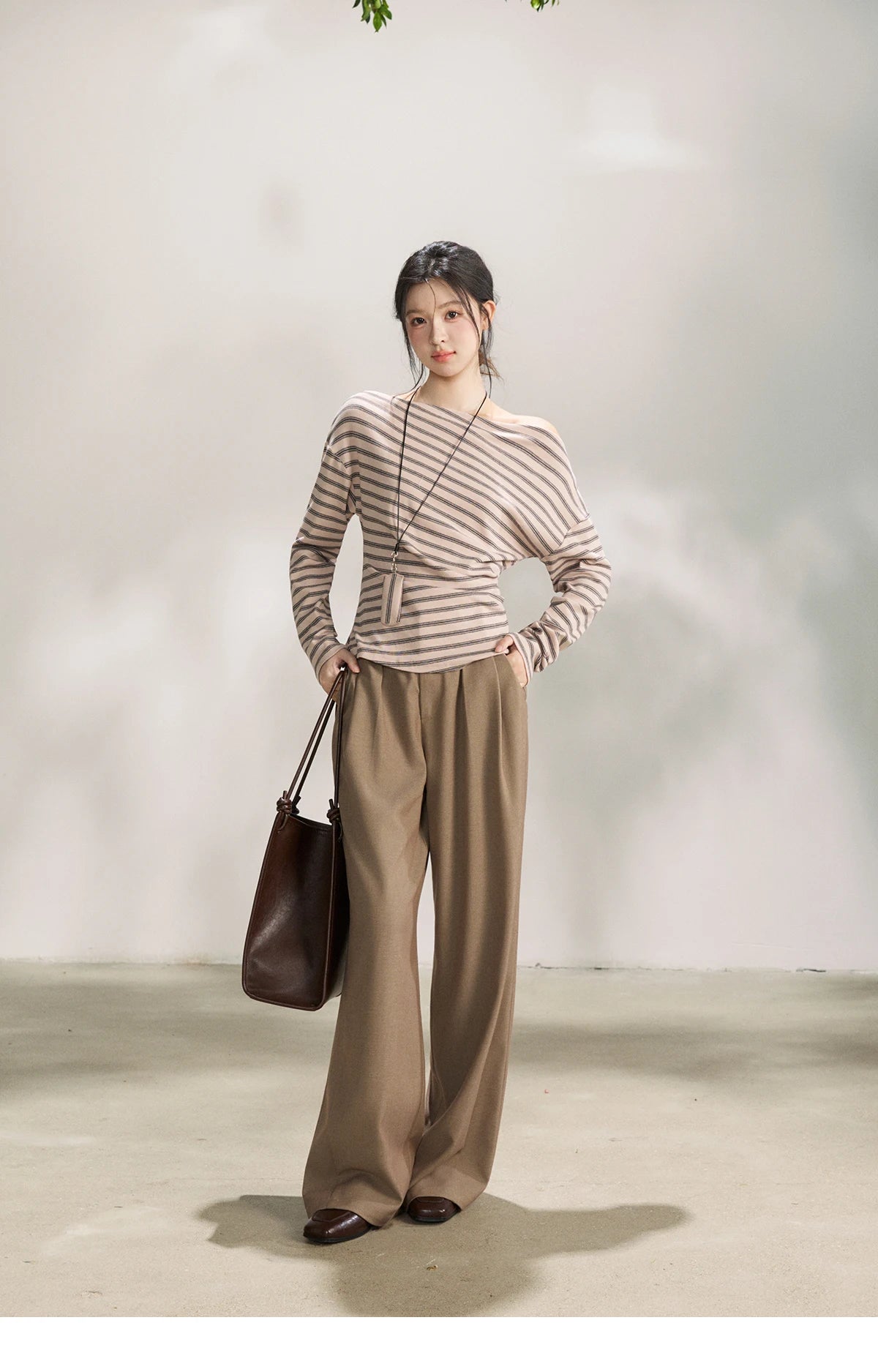 MISHOW Striped Boat Neck Long Sleeve Tops 2026 Spring Ruched Side SlimCasual Soft Breathable T-Shirt with Necklace MXF13T1514