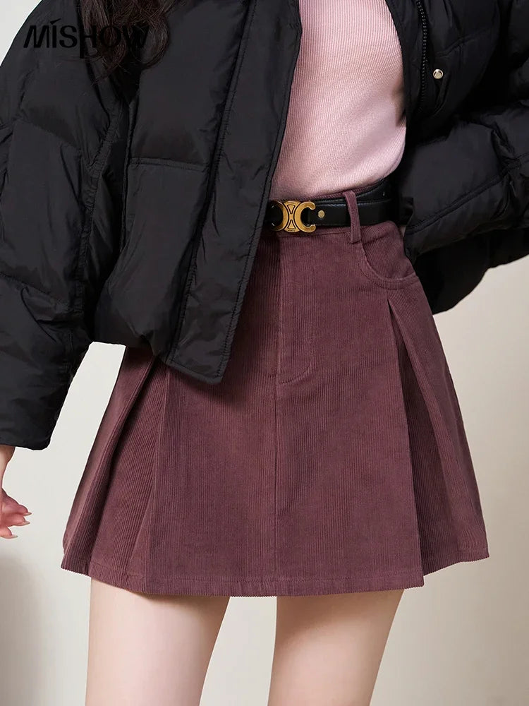 MISHOW 100% Cotton A-line Pleated Mini Skirt Women 2024 Autumn Winter Korean Fashion High Waist Short Skirt Female MXC55B0216