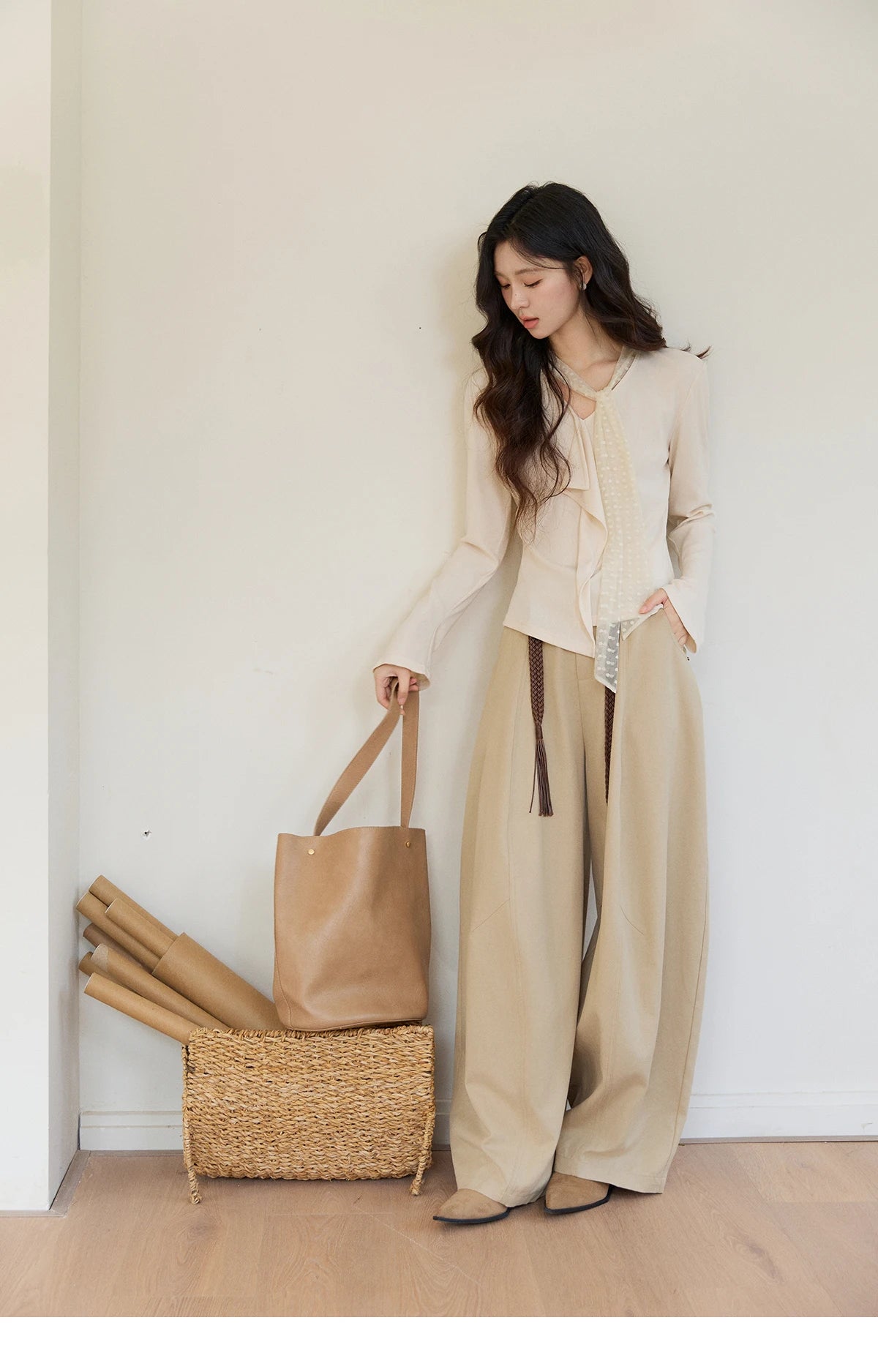 MISHOW Women's V-neck Splicing Lace Ribbon Long Sleeve Tops Spring Ruffled Asymmetrical Hem Flare Sleeve Knitwear MXF108Z1016