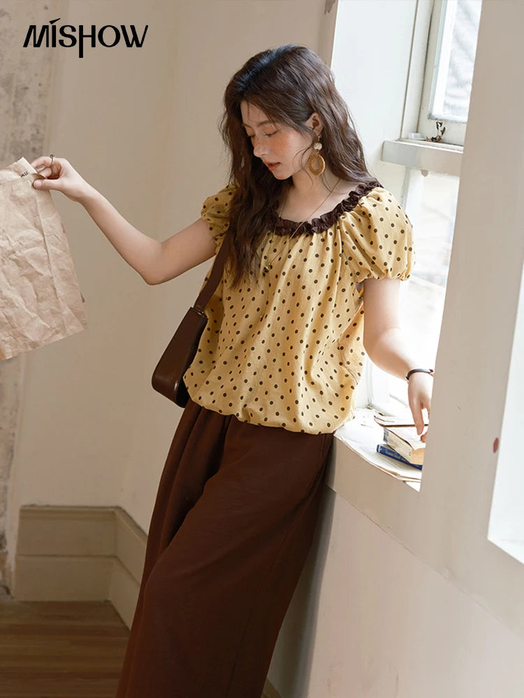 MISHOW 2025 Summer Women's Two Piece Set Polka Dot Puff Sleeve Top Casual Pocket Wide Leg Pants Set Female Clothing MXE39T0657