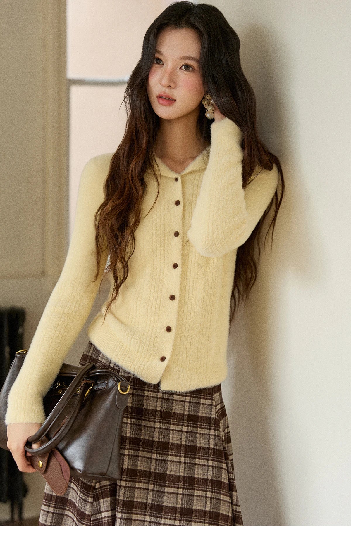 MISHOW Woman Yellow Cardigan 2025 Winter Imitation Mink Fur Knitted Cardigan Turn-down Collar Long Sleeves Soft Top MXE89Z2671