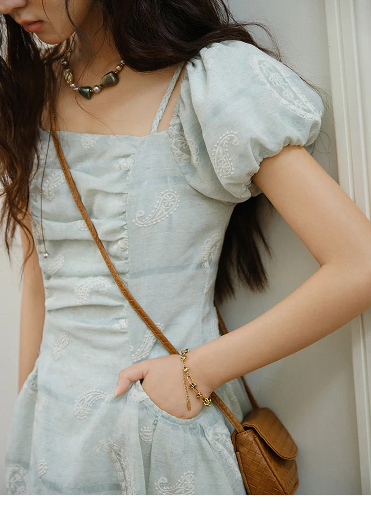 MISHOW Fashion Embroidery A-line Dress for Women 2025 Summer Puff Sleeve Square Neck Vacation Dresses Female Clothing MXE34L2265