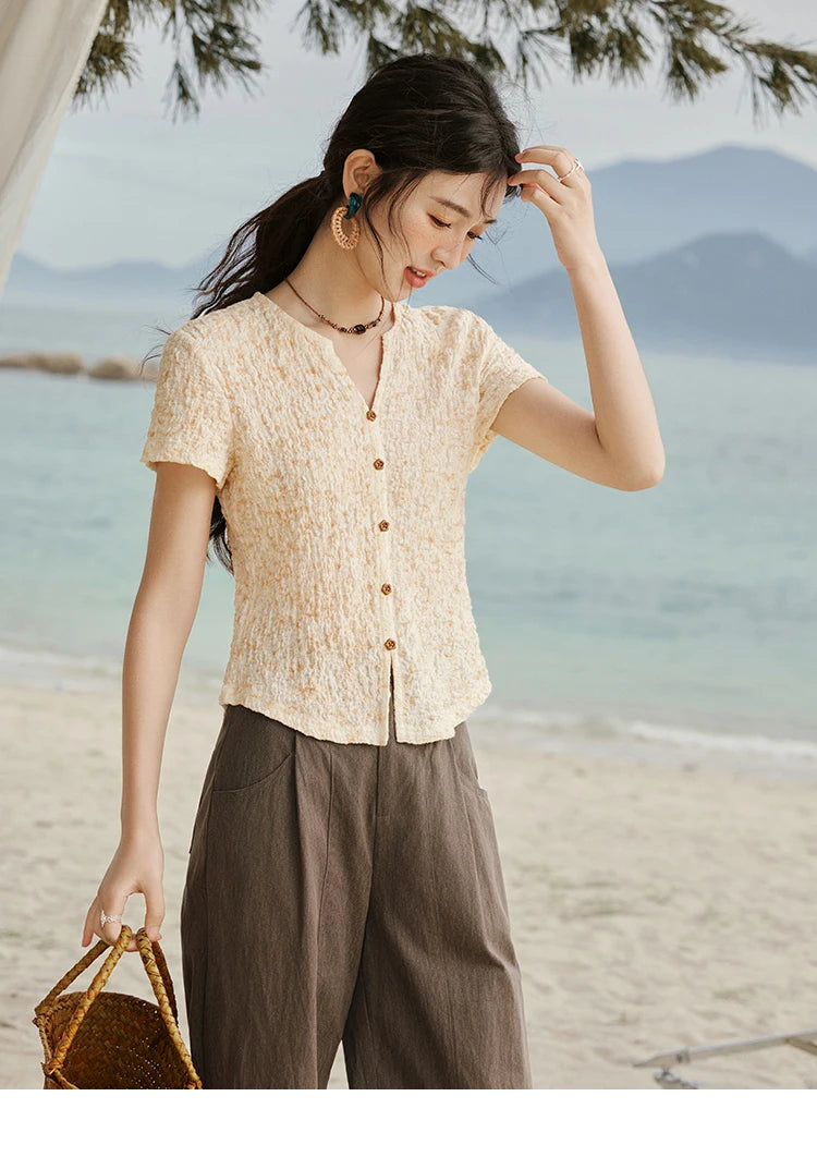 MISHOW Print Casual Summer T-shirts Women 2025 New Short Sleeve V-neck Thin Knitted Shirt Female Fashion Breathable MXE31Z1234