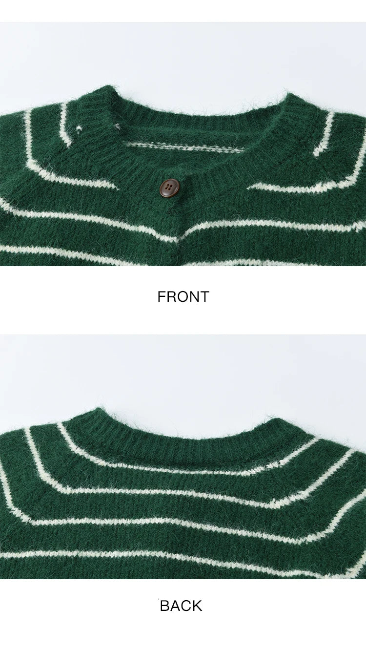 MISHOW Green Striped Cardigans for Woman 2025 Winter Knitted Cardigan Wool Blend Loose Retro Crew Neck Knit Sweater MXE86Z2735
