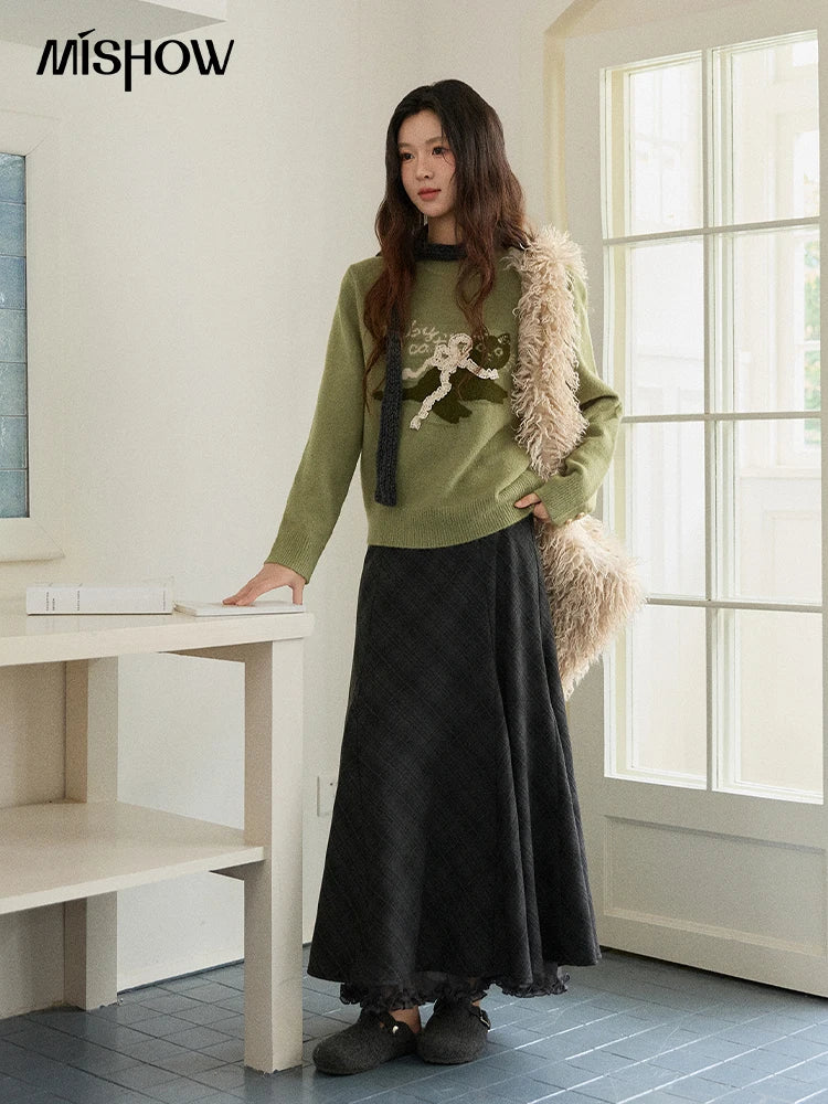 MISHOW Cat Jacquard Pullovers for Woman 2025 Winter Lazy Style Round Neck Three-dimensional Bow Loose Knit Sweater MXE86Z2750