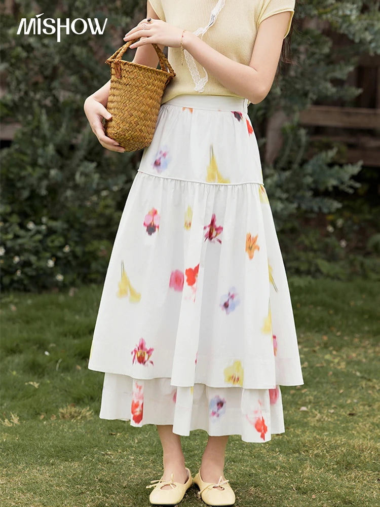 MISHOW Korean Summer Skirt Women New 2025 White Background Flower Cotton High Waist Skirts Female Fashion Slimming MXE32B0720