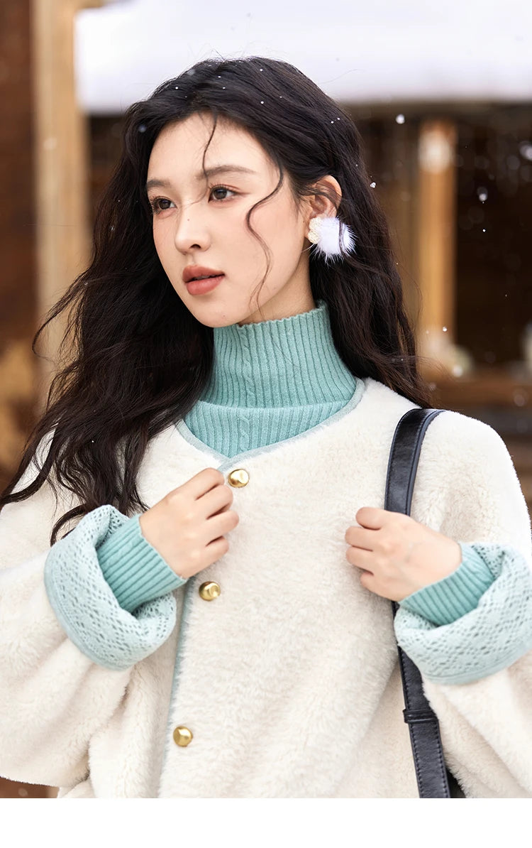 MISHOW Lamb Wool Jacket Women Cuffs Spliced Lace Metal Buttons Design Suede Plush Soft Warm Solid Leather Fur Coats MXD58W0740