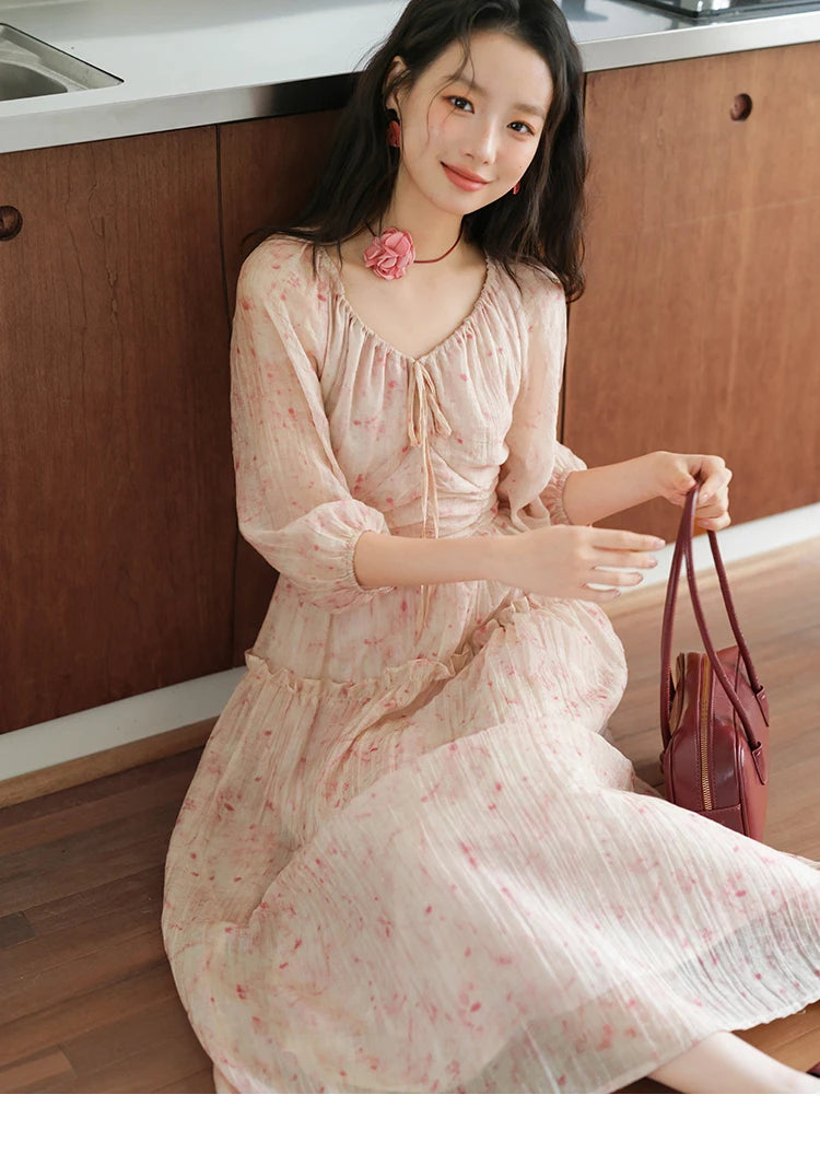 MISHOW Korean Women's Floral Pink Dress Autumn Convertible V Neck Off Shoulder Bubble Sleeves Elastic Waist Dresses MXE41L2479