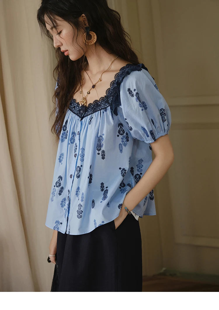 MISHOW Fashion Print Cotton Shirt for Women 2025 Summer New Puff Sleeve Lace Splicing Retro Blue Casual Button Top MXE35X1842