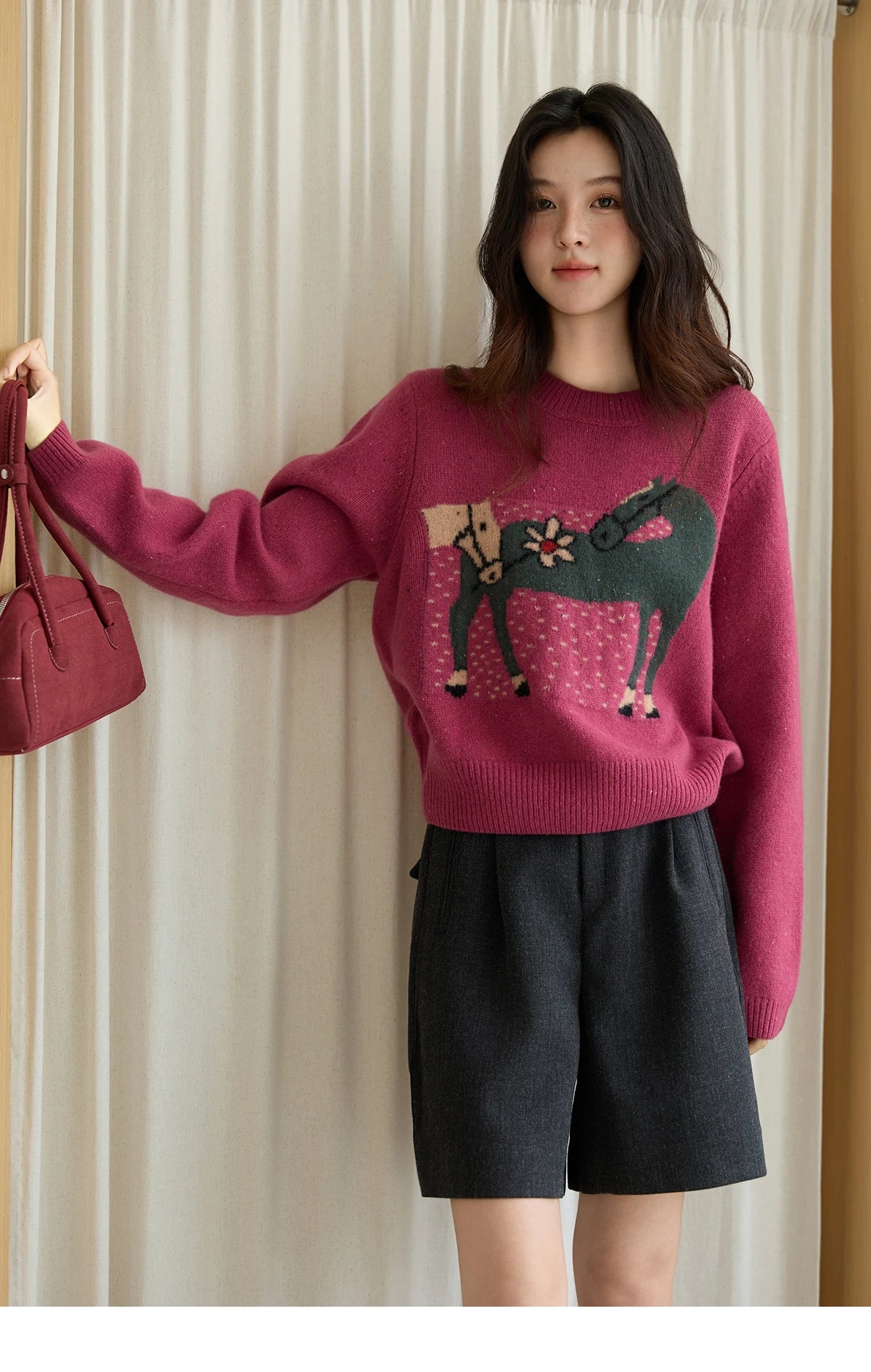 MISHOW Red Sweater Women 2025 Autumn Winter French Round Neck Pony Jacquard Loose Pullovers Long-sleeved Knitted Top MXE48Z2622