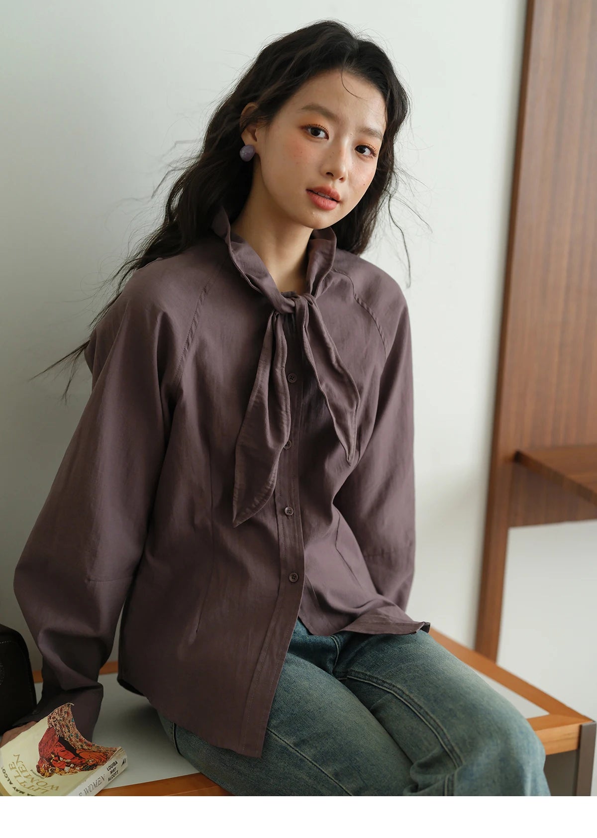 MISHOW Ash Purple Shirt Curved Hem Ribbon Neck Slim MXE42C2383