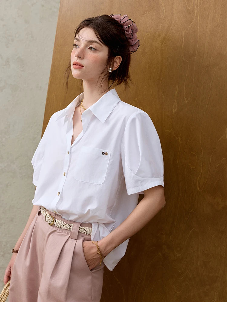 MISHOW New French Summer Shirts for Women New 2025 Short Sleeve Turn-down Collar Solid Slimming Blouses Lady Gentle MXE33C0778