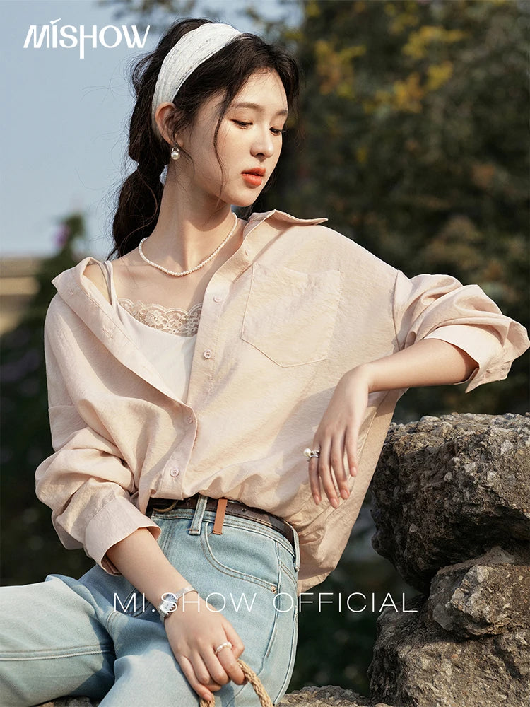 MISHOW Casual Spring Shirt Women New 2025 Long Sleeve Turn-down Collar Fake Two-piece Blouses Lady Fashion Loose Tops MXE16C0777