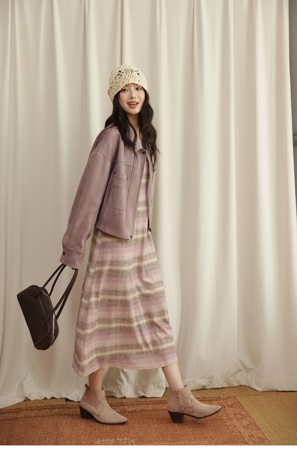 MISMHOW Taro Purple Leather Jacket Autumn 2025 Contrasting Splic Short Jackets Symmetrical Double-layer Pocket Coat MXE44W0816