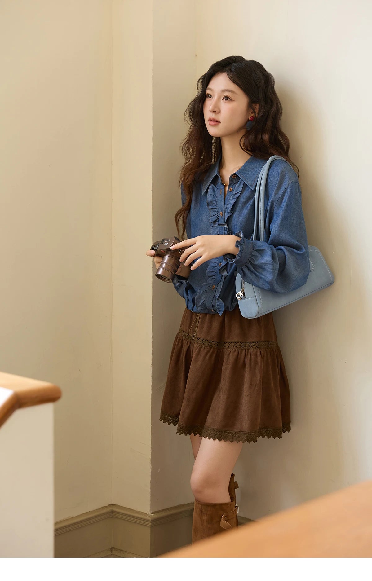 MISHOW Blue Lyocell Imitation Denim Shirt for Women Autumn 2025 Ruffled Placket Contrasting Button Waist Cinc Shirt MXE43C2386