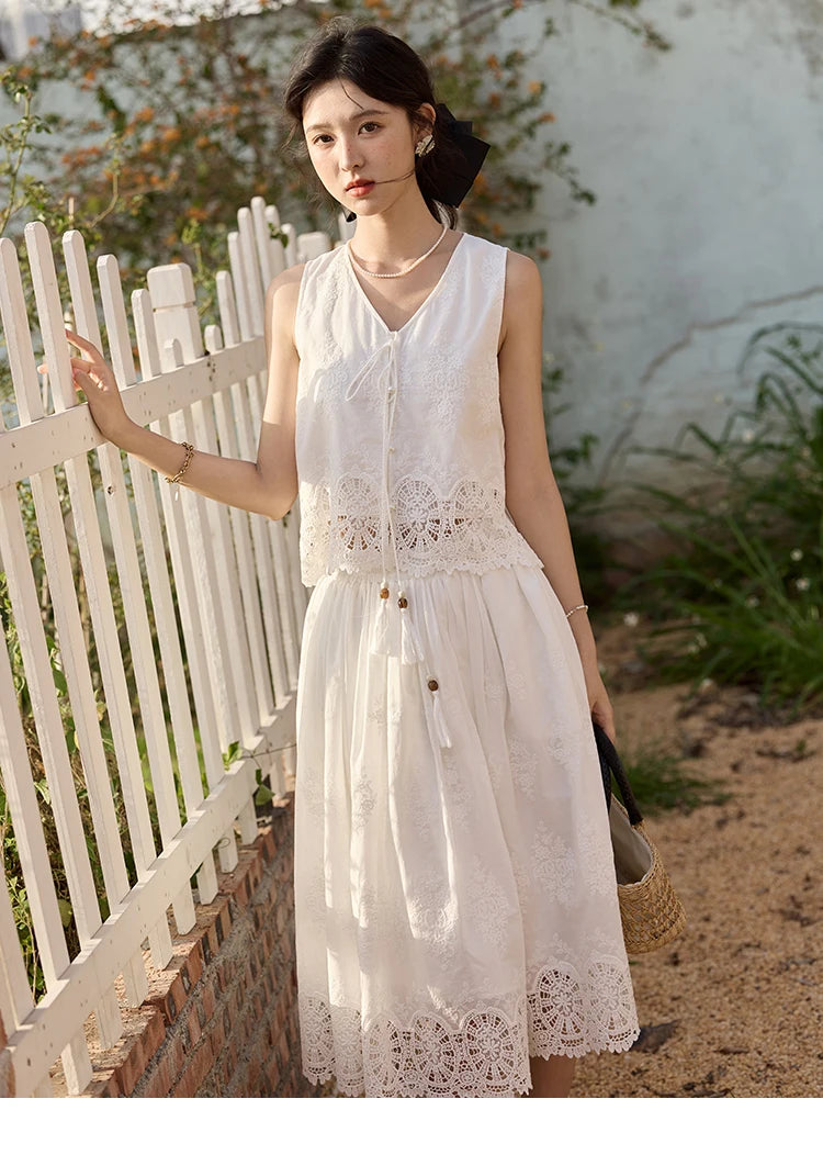 MISHOW 2 Pieces Set Woman Embroidery V-neck Hollow Lace Up Sleeveless Top Summer 2025 Slim Elastic Waist Skirt Set MXE33T0593