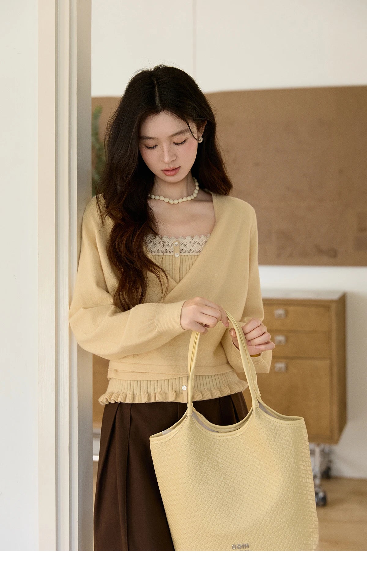 MISHOW Women's Yellow Two-Piece Set 2026 Spring Ruffled Hem Camisole Lace Trim Knitted Cardigan Casual Slim Outfit MXF11T1472