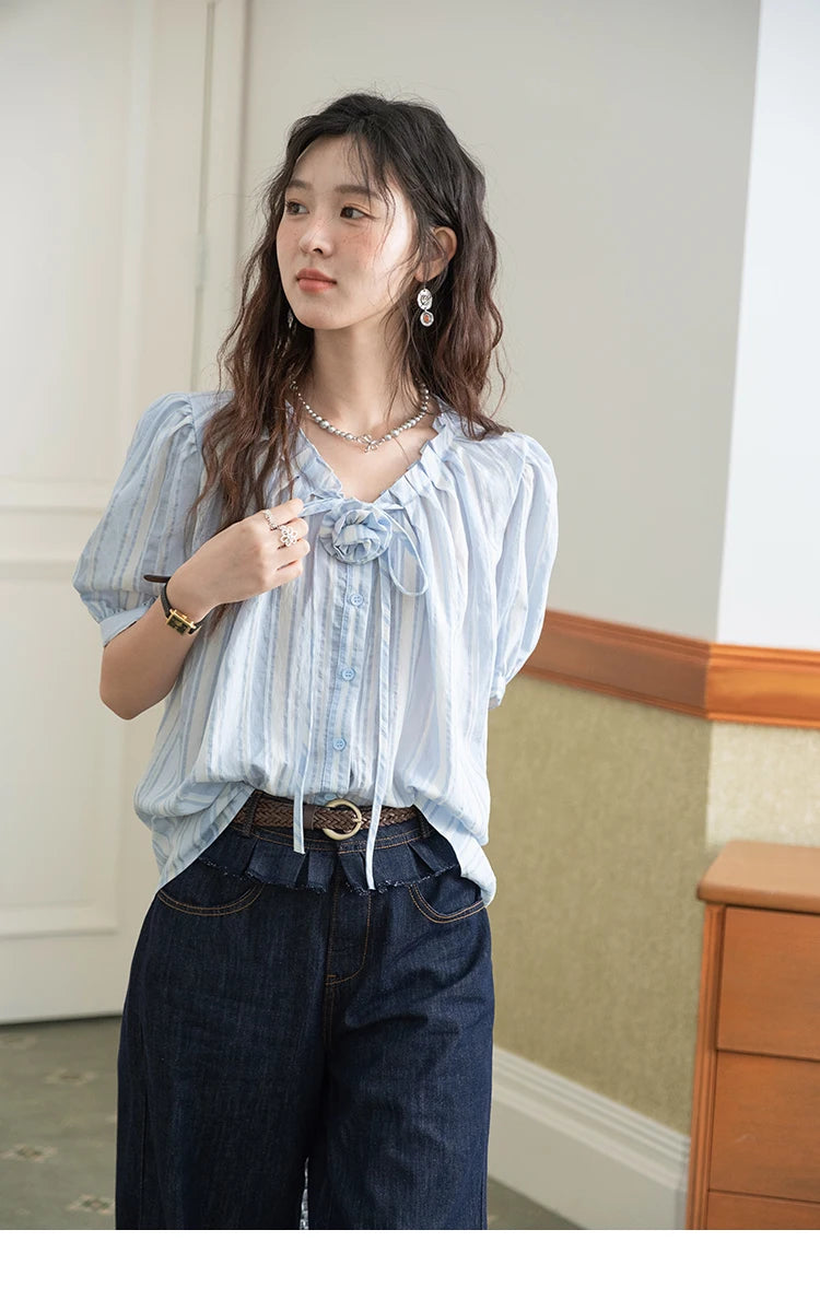 MISHOW Women's Striped Casual Shirt 2025 Summer New Lady Fashion Puff Sleeve V-Neck Button Blue Shirt Female Clothing MXE36X1870
