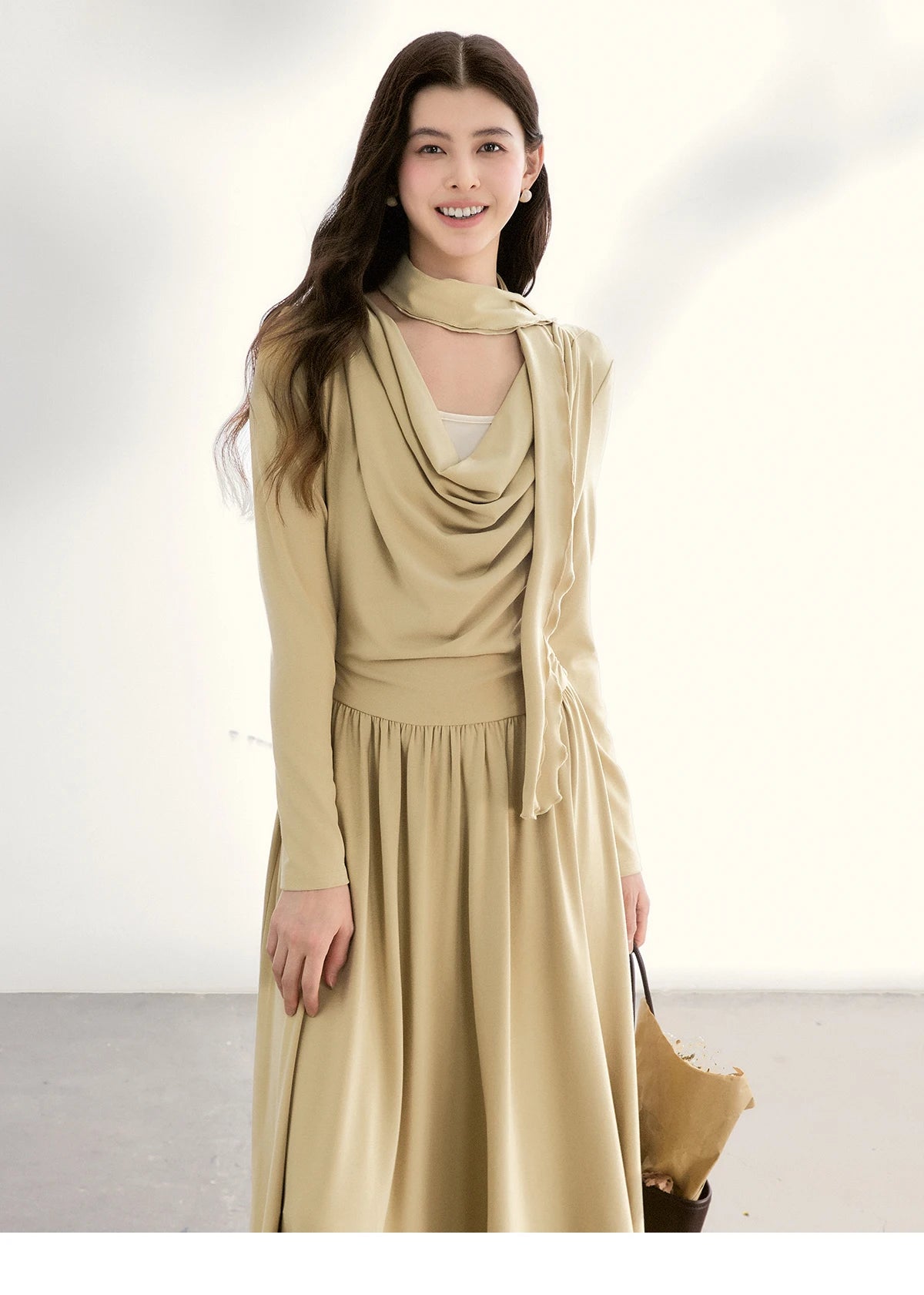 Mishow Khaki Swinging Collar Scarf Waist Dress MXF11L2552