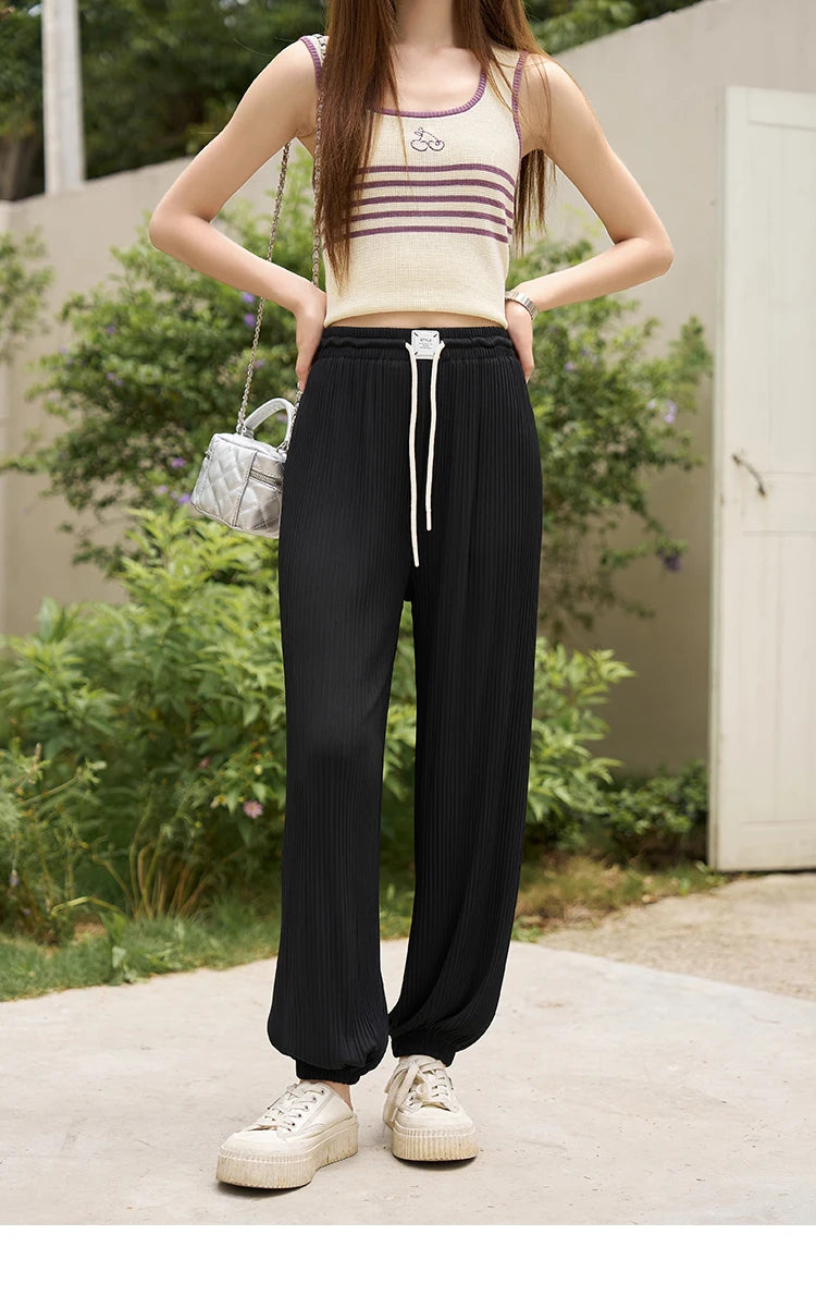 MISHOW Casual Pants for Women 2023 Summer Solid High Waist Slim Straight Elastic Waist Trousers Ankle-Length Pants MXC33K0069