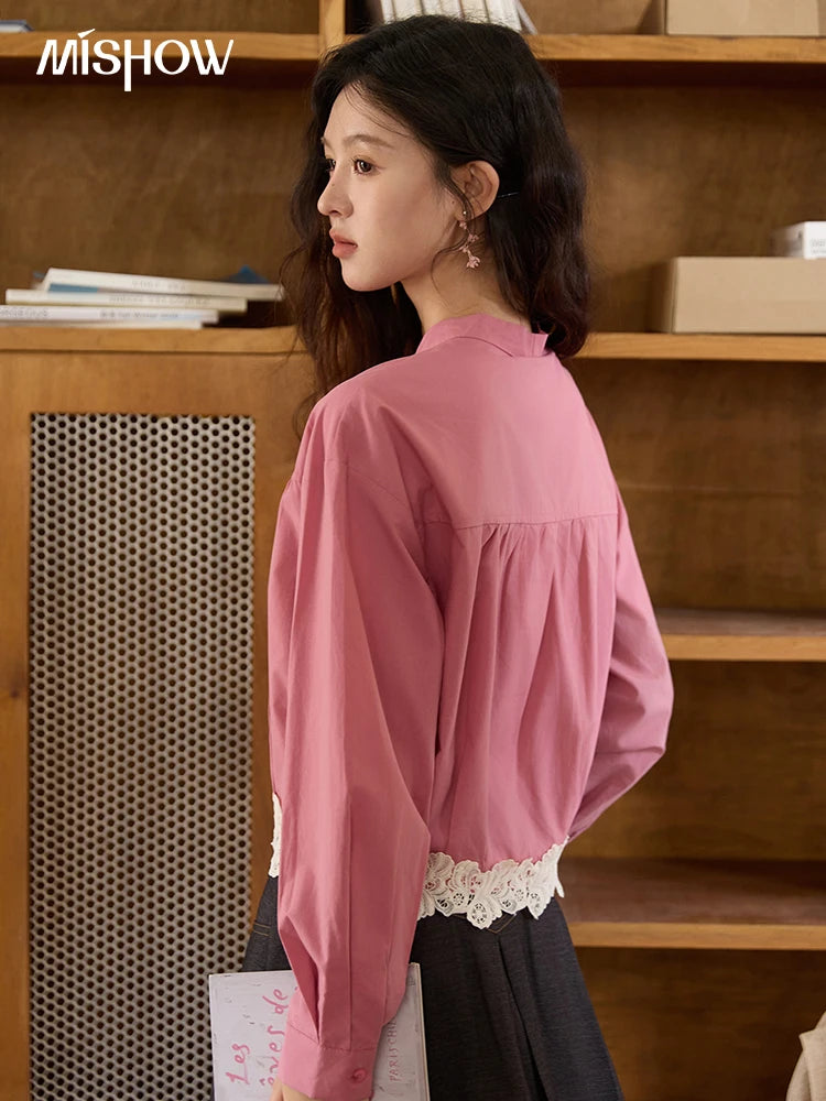 MISHOW Women's Rose Red Stand Collar Shirt 2025 Autumn Bow Tie Hem Splicing Lace Tops Elegant Shirts Office Lady MXE43C2380