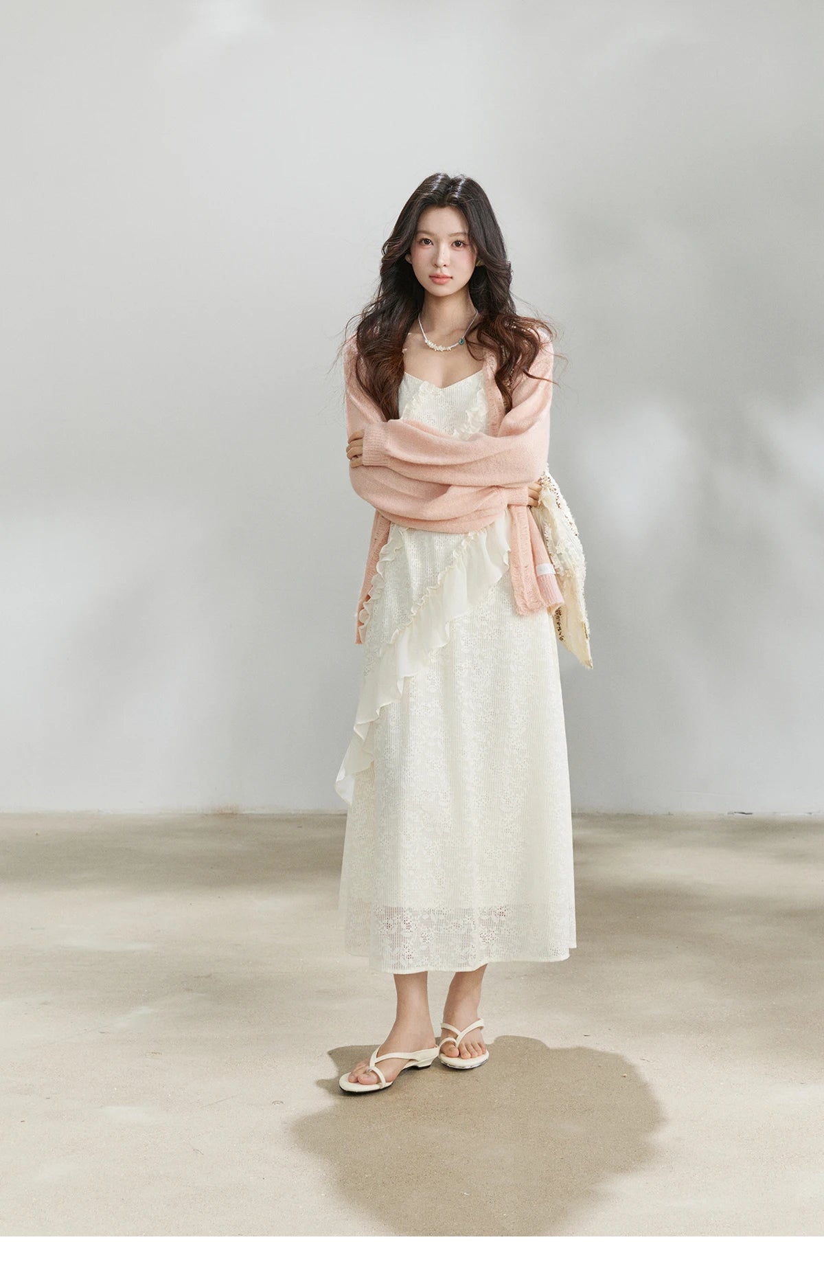 MISHOW Women's Cream Irregular Lace Slip Dress 2026 Spring V-Neck Ruffled Maxi Dresses Casual A-line Romantic Dress MXF108L1005