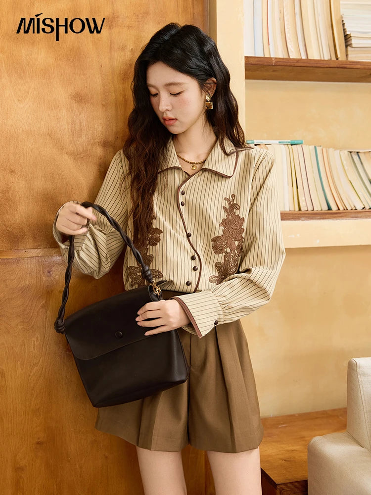 MISHOW Khaki Brushed Striped Shirt 2025 Autumn Vintage Lace Embroidered Long Sleeved Shirts Asymmetric Placket Top MXE45C2402